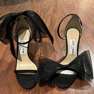 Jimmy Choo Aveline Tulle Bow Ankle-Strap Sandals Size 7 1/2 Black
